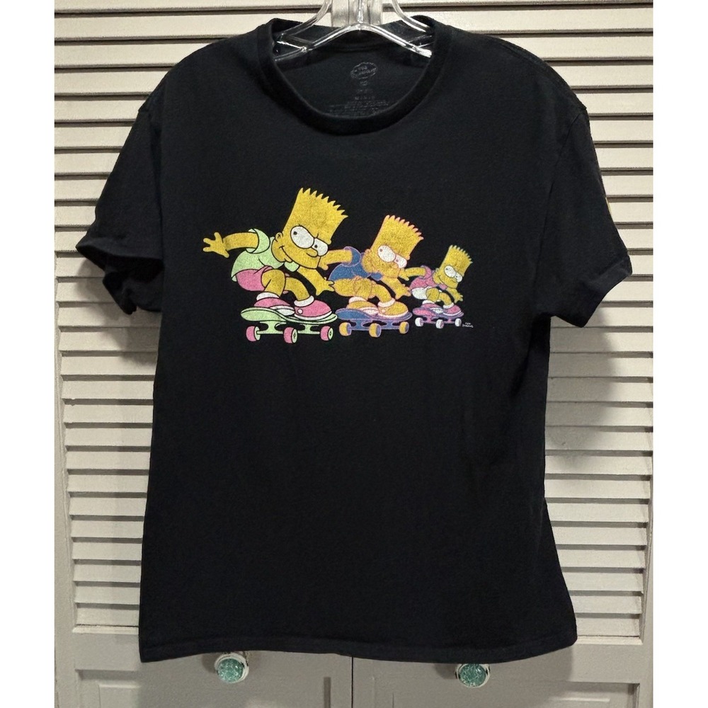 The Simpsons Graphic TShirt Size Medium Bart Skateboarding Black/Multi Cartoon